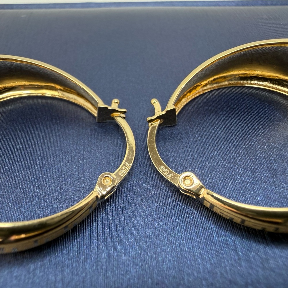 18K Genuine YG Gold Dome Hoop Earrings with Greek Design 23mm - Picture 6 of 13